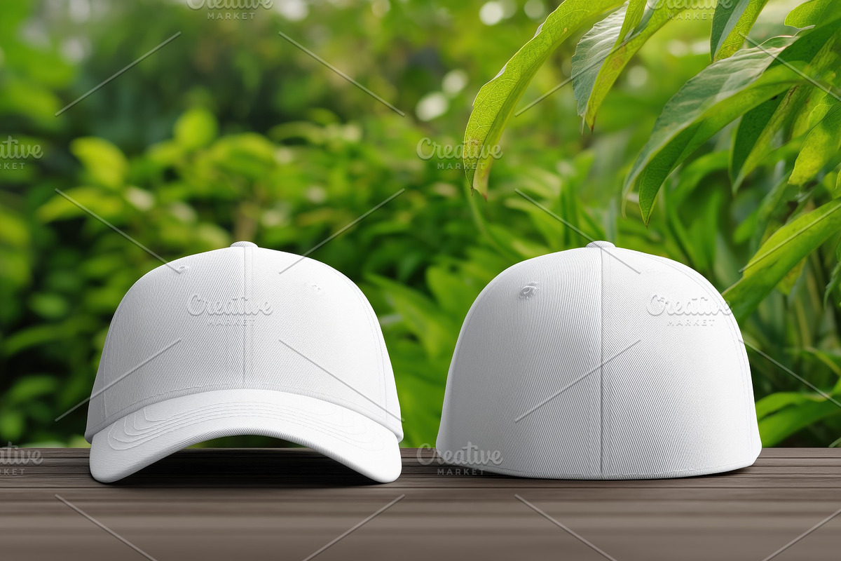 Two white baseball caps mockup on a wooden surface with a blurred green foliage, a Hat Mockup by Textures & Backgrounds