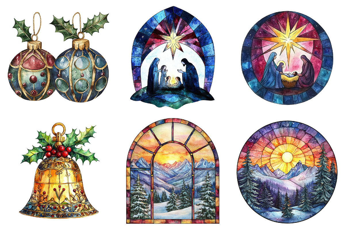 Christmas Stained Glass Clipart, a Seasonal Illustration by CitraGraphics (Photo 4 of 8)