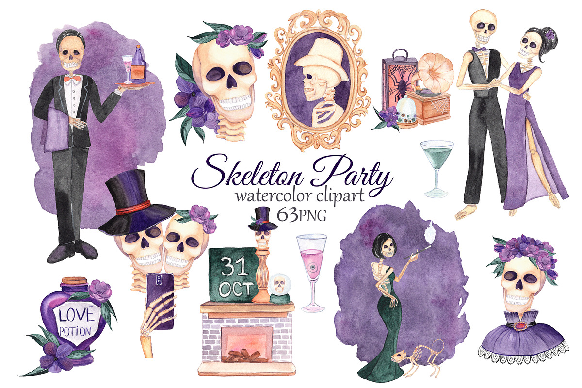 Skeleton Party Watercolor Clipart, an Illustration by s.yanyeva (Photo 1 of 5)