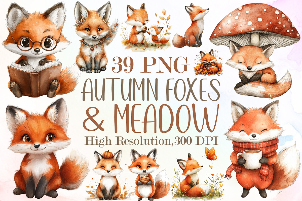 Autumn Foxes & Meadow Clipart, an Illustration by Sublimation Artist (Photo 1 of 6)