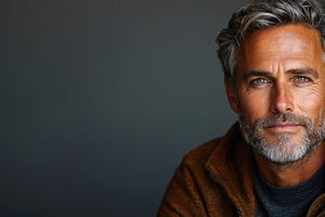 Confident mature man with gray hair and beard wearing brown zip, a Person Photo by José Manuel Gelpi