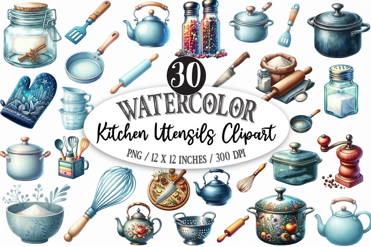 Watercolor Kitchen Utensils Clipart, an Illustration by Designking (Photo 1 of 5)