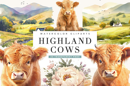 Watercolor Highland Cows Clipart, an Animal Illustration by BusyDaydesign