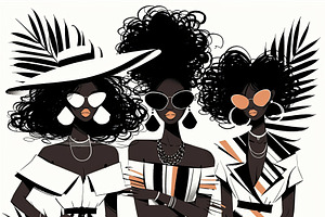 Stylish women posing in elegant fashion with bold stripes and sunglasses, an Illustration by AS photostudio