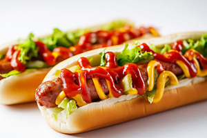 Two hot dogs with fresh lettuce, a Food & Drink Photo by MistyDay