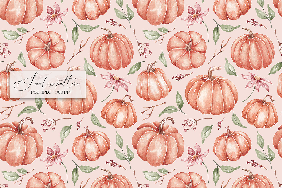 Watercolor pumpkins seamless pattern, a Pattern Graphic by SirenaArt (Photo 4 of 13)