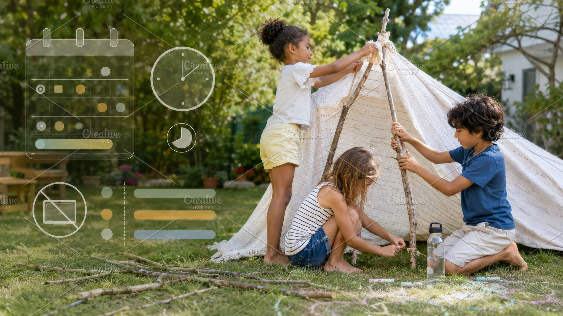 Children building tent outdoors in s, a Photo by Dvoevnore photos