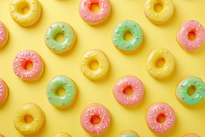 Pattern of sweet and colorful donuts on yellow background, a Food & Drink Photo by AlyaAnd