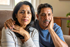 Middle age couple sitting on couch, one comforting the other aft, a Person Photo by DanFLCreativo