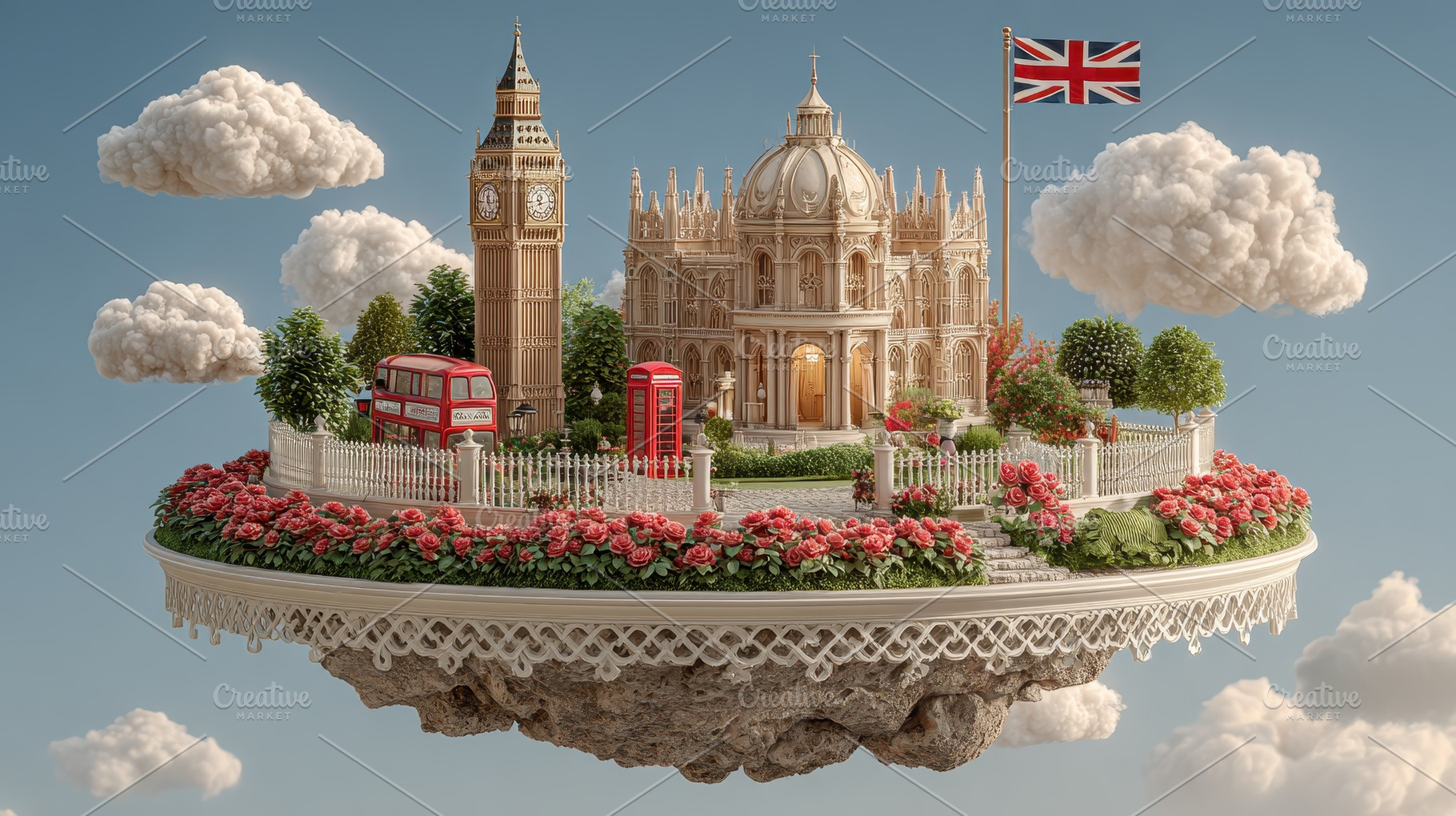 London iconic landmarks floating isl, a Photo by Pixeness Studio