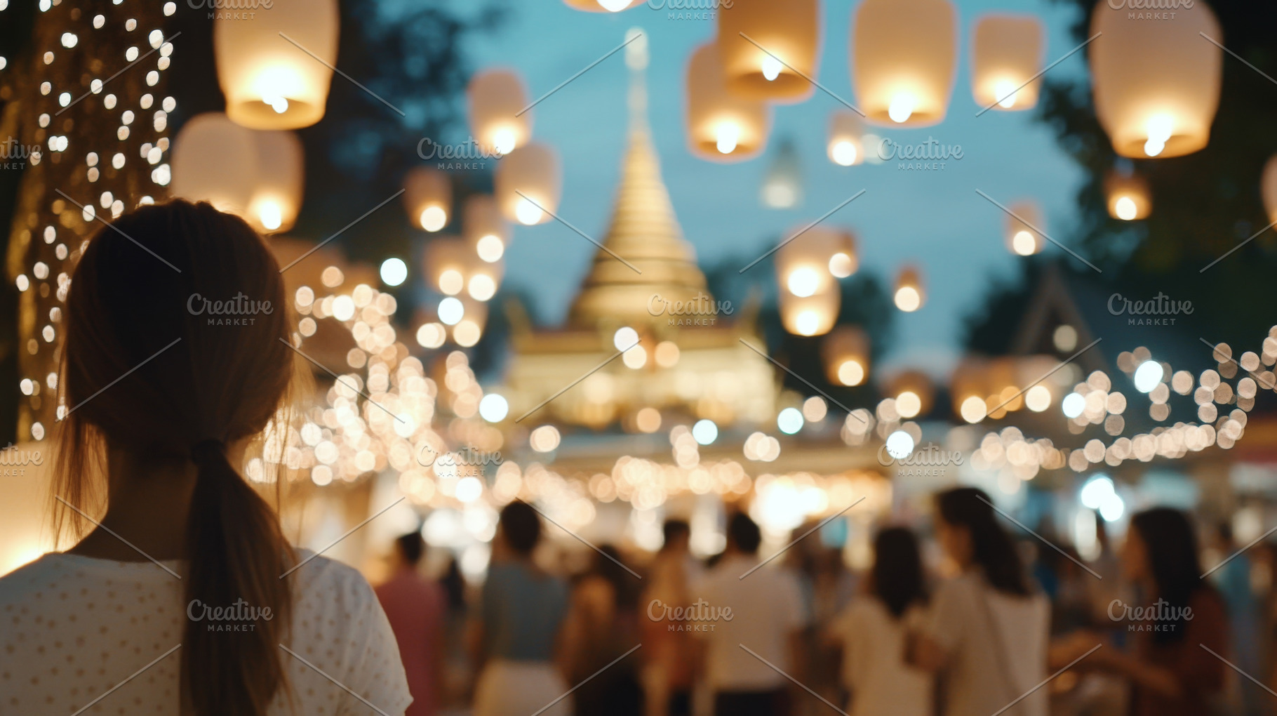 Lantern festival Yi Peng  with blurred temple and crowd at twili, a Photo by Dvoevnore photos