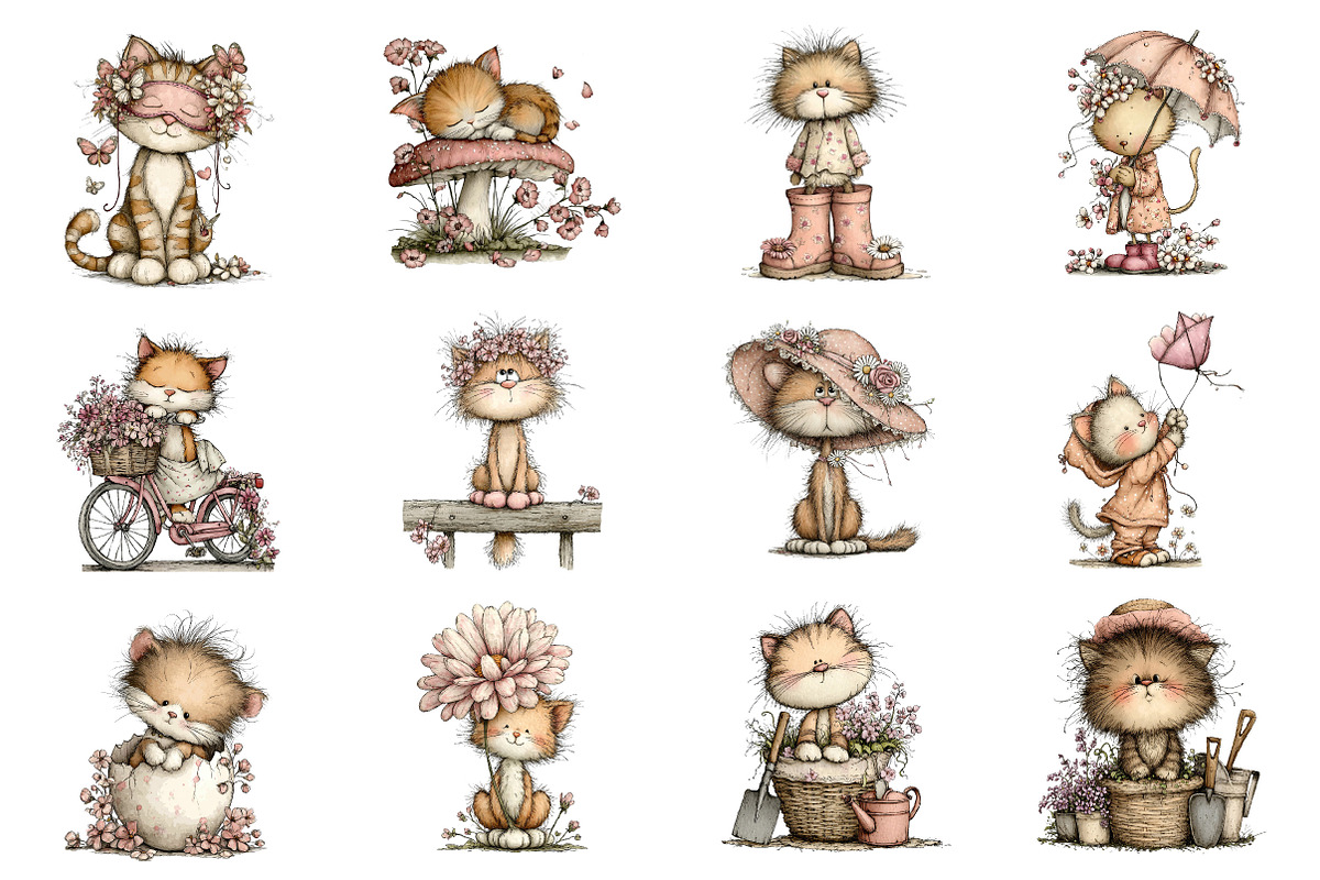 Whimsical Spring Cat Clipart, an Illustration by Dream Creation (Photo 3 of 4)