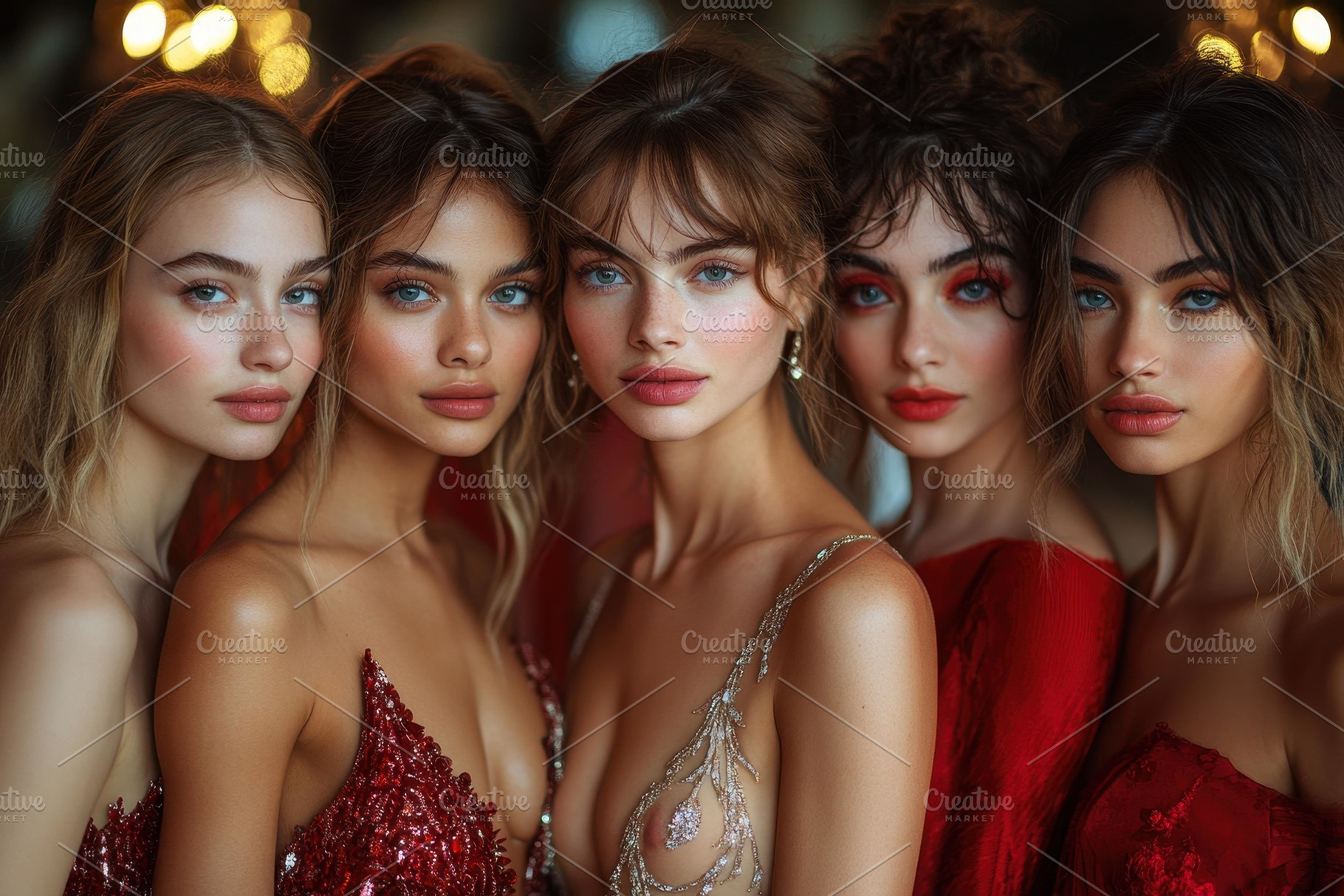 Five women in elegant red evening go, a Photo by Tanuart