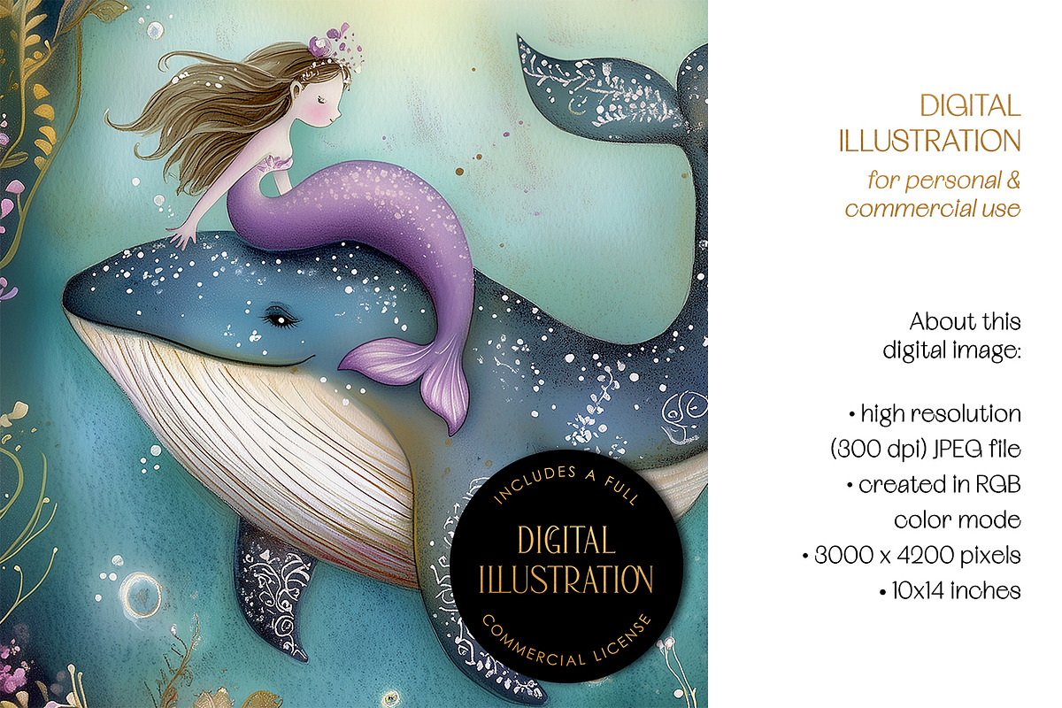 Mermaid & Whale Illustration, an Animal Illustration by The Dutch Lady Designs (Photo 4 of 4)