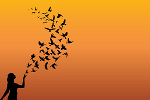 Birds Flying From Girl Hand Vector