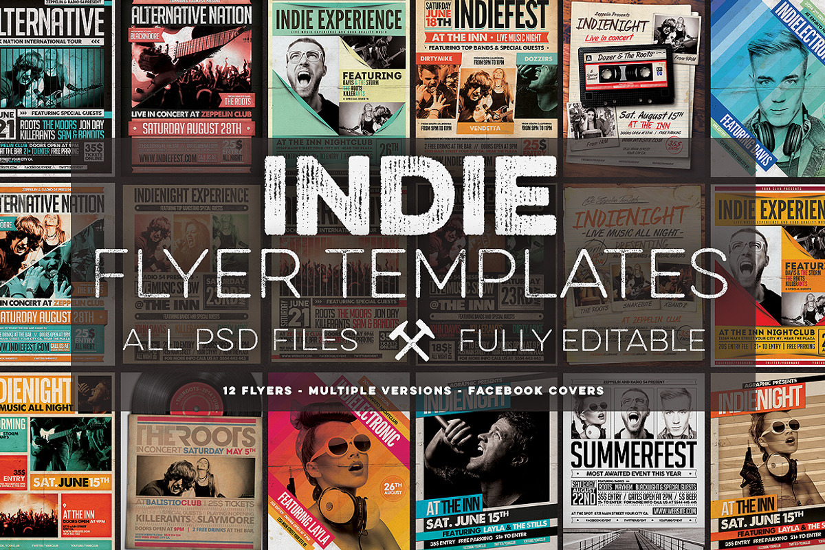 12 Indie Flyers Bundle + FB Covers, a Flyer Template by Graphicdome (Photo 1 of 5)