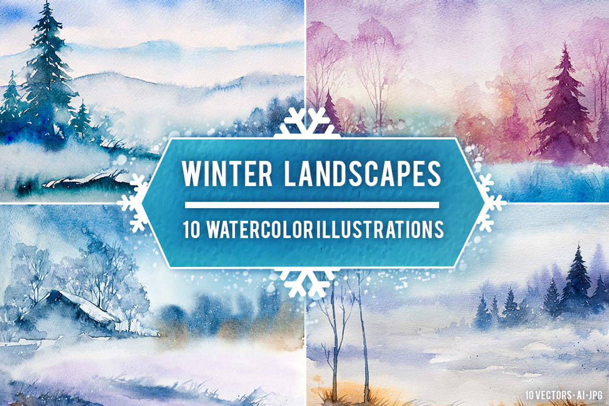 Winter Landscapes set#3. Watercolor., an Illustration by AlexGreenArt (Photo 1 of 4)