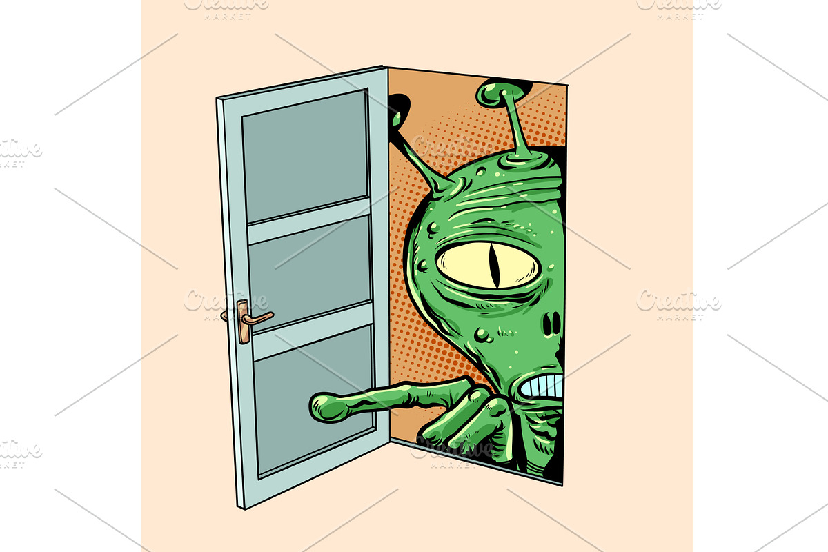 An alien is looking through an open, an Illustration by rogistok