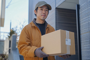 Delivery man carrying a box of parce, a Photo by Pavel_design