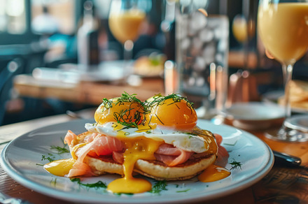 A hearty breakfast setup with eggs b, a Photo by LOGOCREATIVE