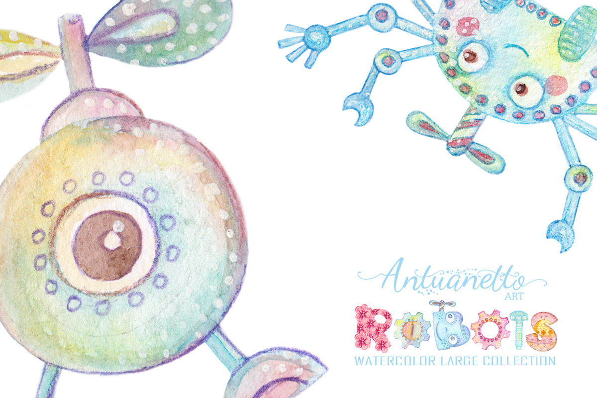 Watercolor Robots Party, an Animal Illustration by antuanetto (Photo 5 of 15)
