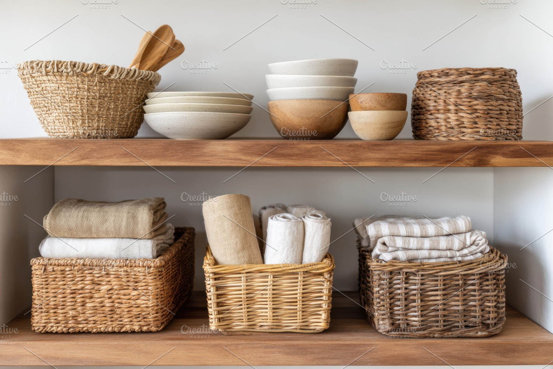 Stylish kitchen shelf with bowls and woven baskets, a Health & Medical Photo by AlyaAnd