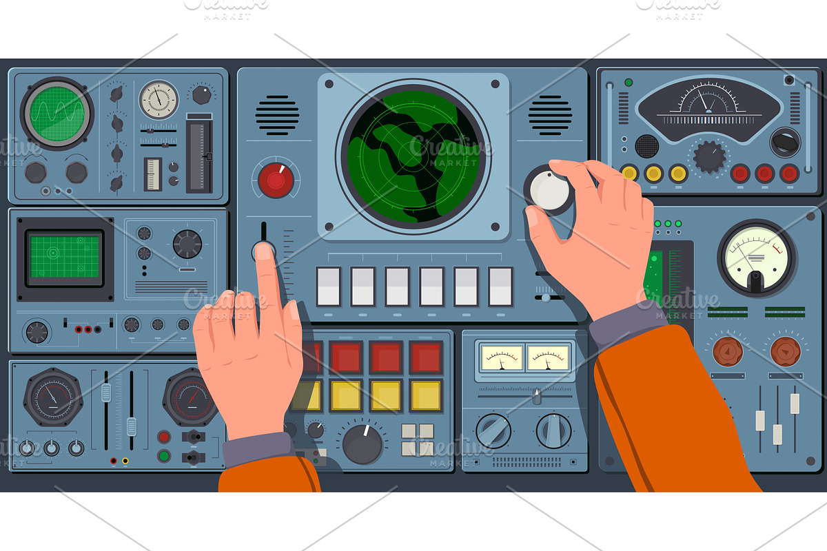 Pilot hands on control panel, a Technology Illustration by YummyBuum