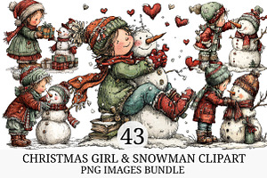 Christmas Girl & Snowman Clipart, an Illustration by Craft Nest