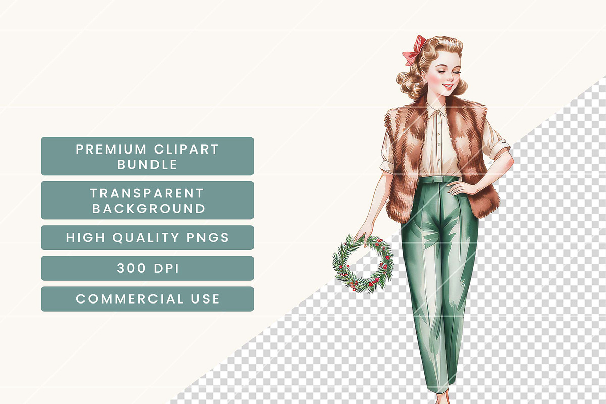 Retro Christmas Woman Clipart Bundle, a Person Illustration by BusyDaydesign (Photo 5 of 9)