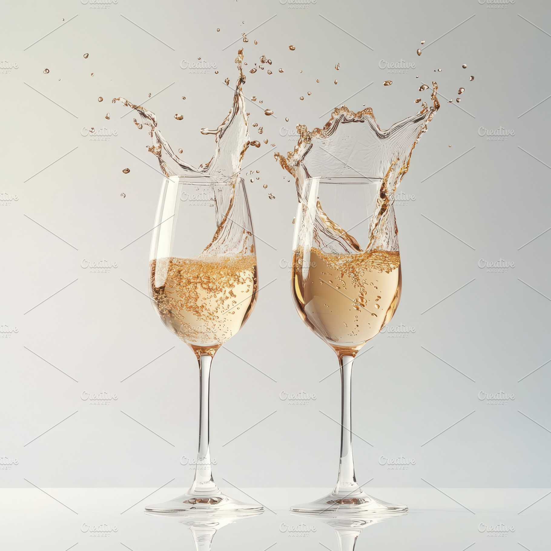 Two glasses of champagne splashing i, a Food & Drink Photo by Pixeness Studio