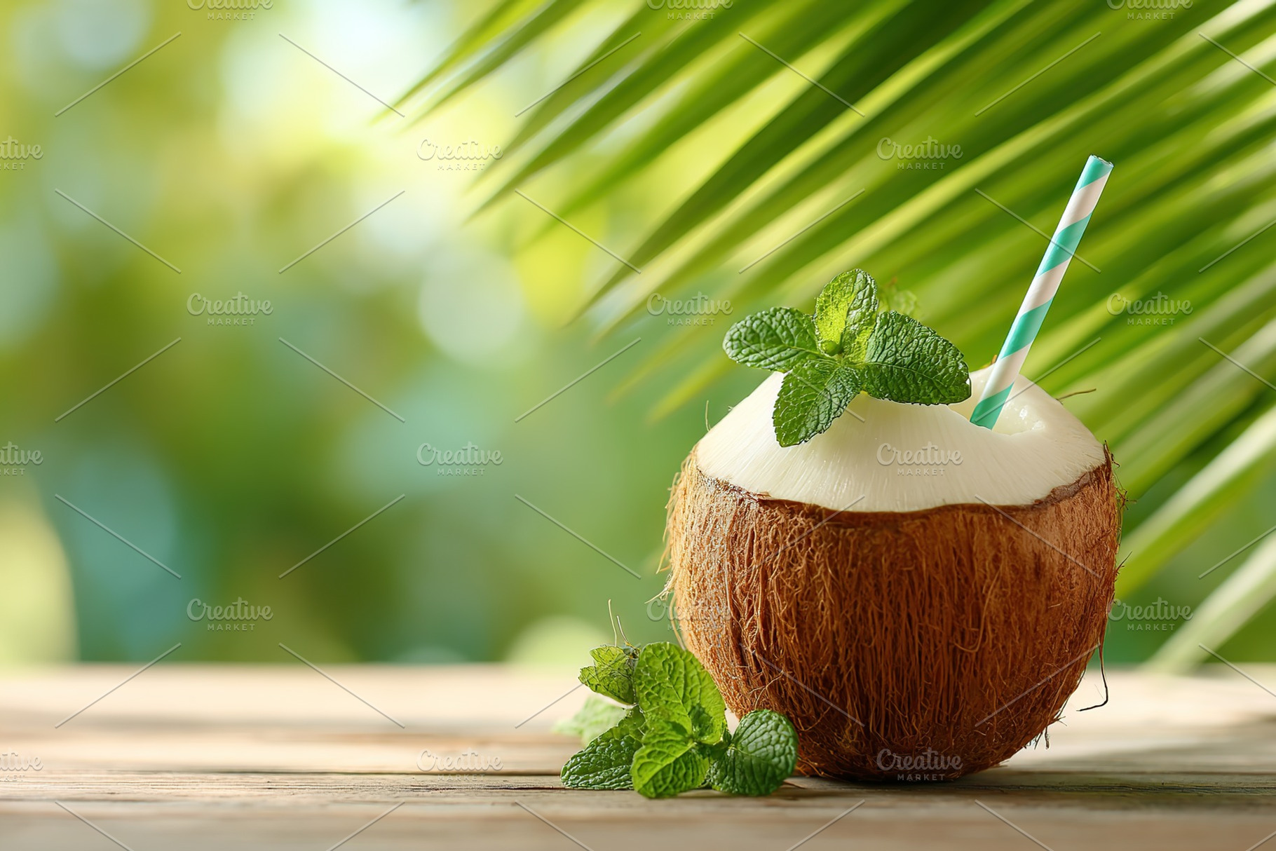 Refreshing coconut drink served in a natural coconut shell with mint leaves, a Food & Drink Photo by AlyaAnd