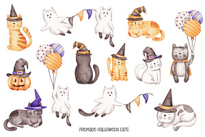 Watercolor Set Halloween Cats