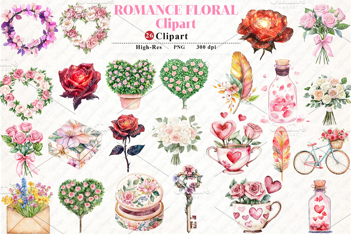 Romance Floral Clipart, an Illustration by Watercolor design (Photo 1 of 2)