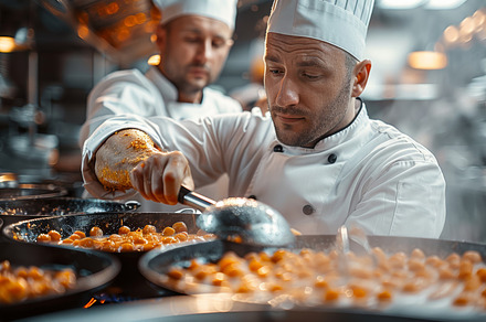 Professional Chefs Cooking Exquisite Pasta Dish in Commercial Ki, a Person Photo by AS photostudio