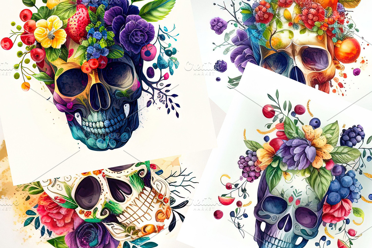 Watercolor floral skulls pack, a Wallpaper Graphic by Art's and patterns (Photo 2 of 5)