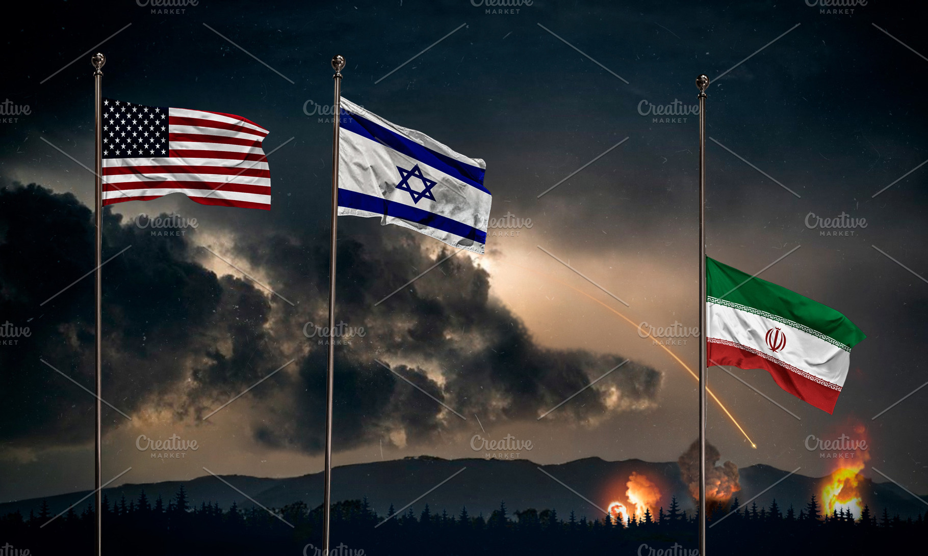 US Israel Iran Flags Amid War Scene, an Industrial Photo by Davizro's Market