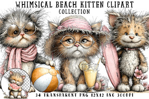 Whimsical Beach Kitten Clipart, an Illustration by OK Design