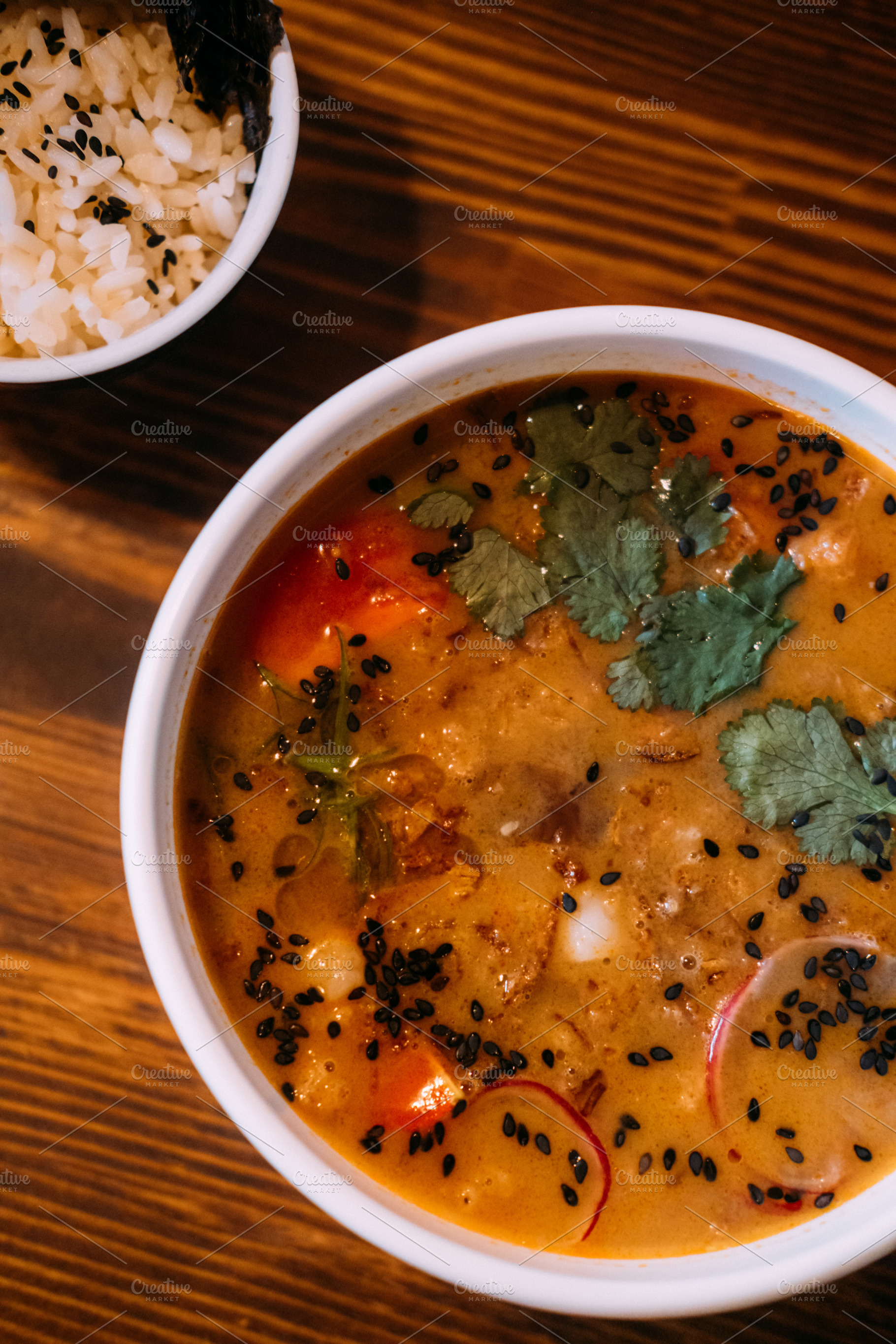 Served dinner tasty food soup rice bowl table, a Food & Drink Photo by Photo Drive Studio