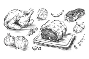 Hand drawn sketch of raw meat piece, a Food Illustration by art PVP - market