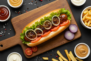 Gourmet hot dog with lettuce, tomato, a Food & Drink Photo by professorinc