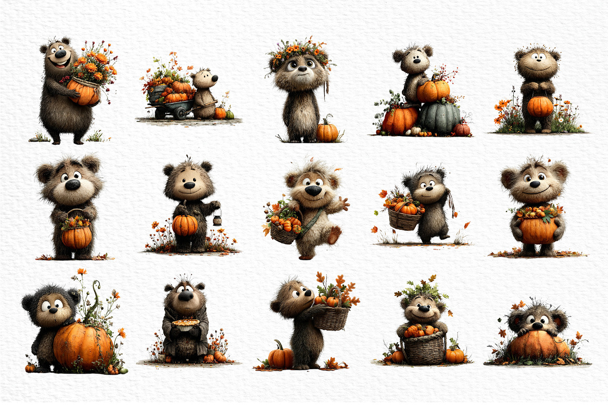 Bear with Pumpkin Watercolor Clipart, a Seasonal Illustration by Craft Nest (Photo 6 of 6)