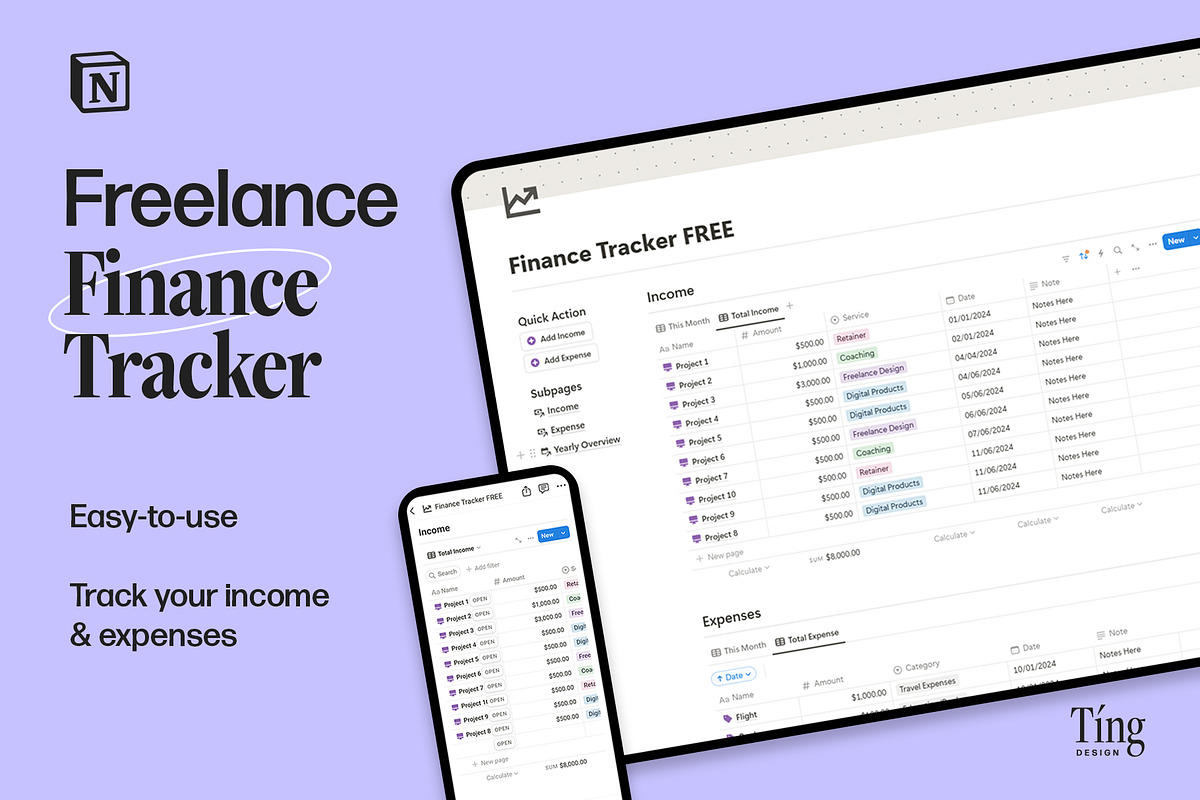 Freelance Finance Tracker Notion, a Marketing Template by TingDesign Studio (Photo 1 of 3)