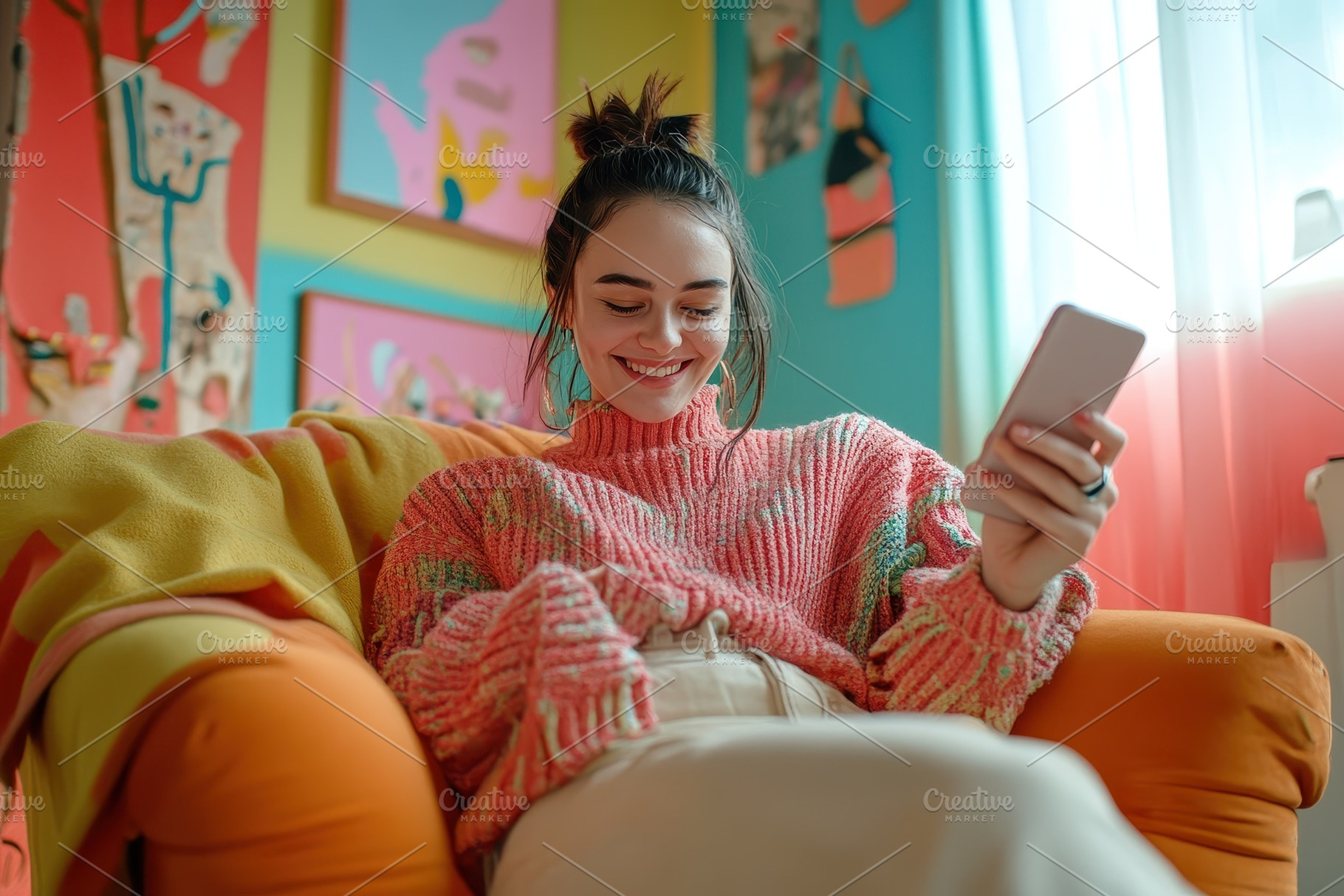 Cheerful young woman relaxes, a Photo by Pavel_design