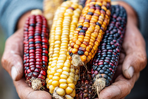 Farmer holding colorful corn cobs, a Food & Drink Photo by MistyDay