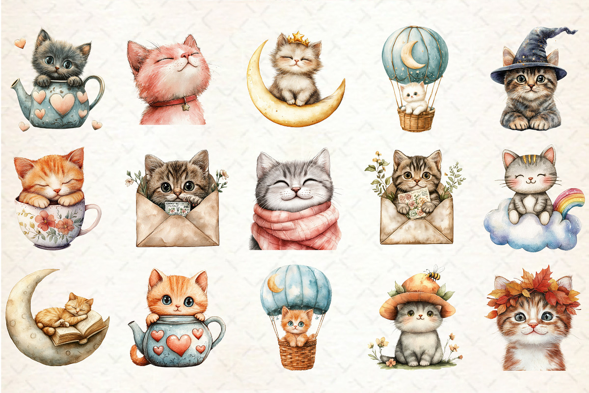 Whimsical Cat Watercolor Clipart, an Animal Illustration by Rose Art (Photo 2 of 6)