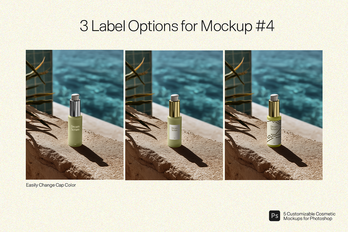 5 Poolside Cosmetic Bottle Mockups, a Packaging Mockup by Frills Images (Photo 6 of 7)