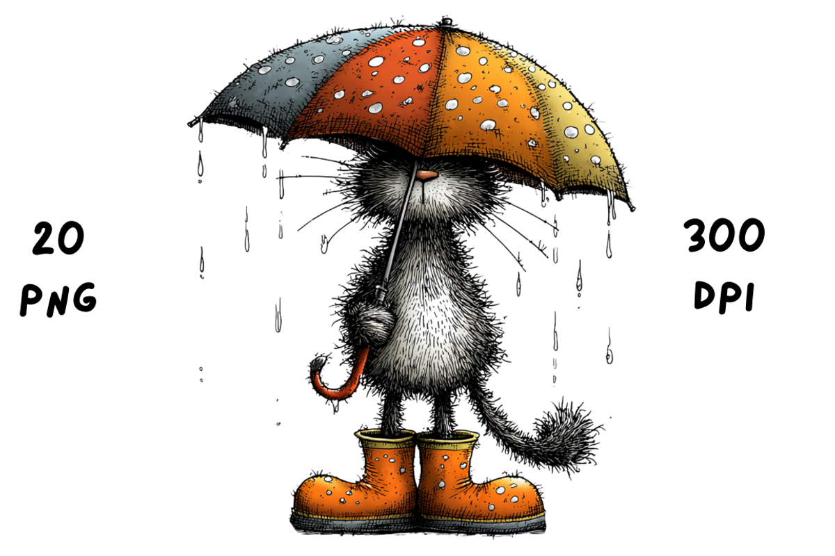 Whimsical Funny Rainy Cat Clipart, an Animal Illustration by GiraffeCreative (Photo 13 of 20)