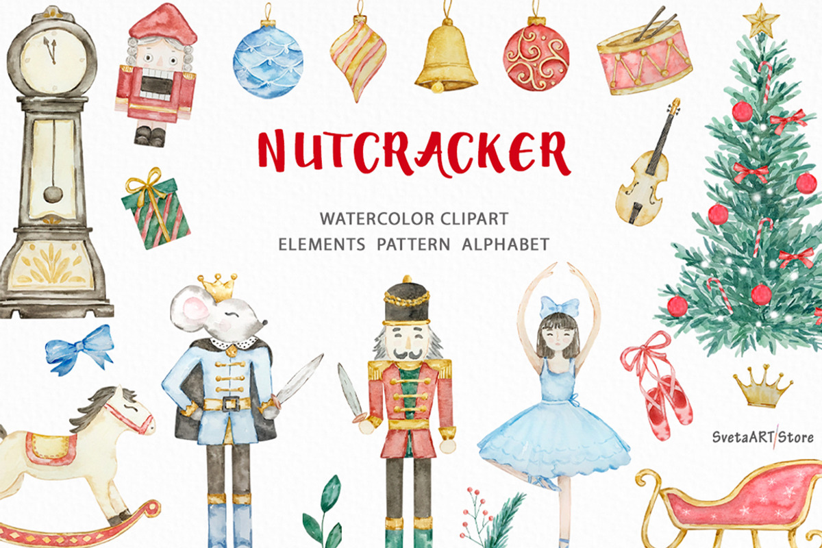 Watercolor Christmas Nutcracker Set, a Seasonal Illustration by SvetaArtStore (Photo 1 of 9)