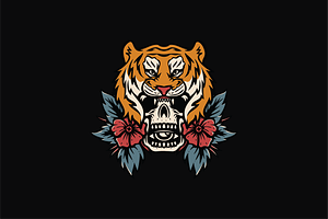 Tiger and Skull with Flowers, an Object Illustration by nomlimo.com