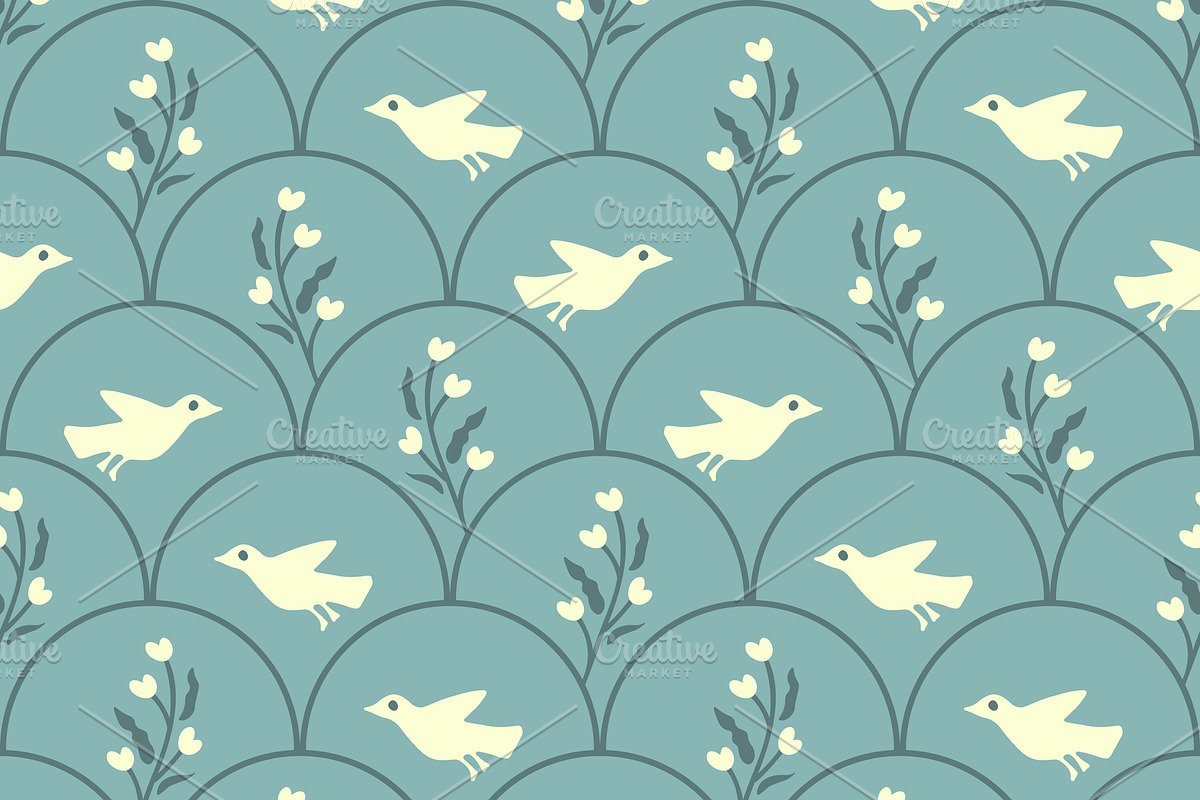 White birds and flowers, a Pattern Graphic by elyomys (Photo 1 of 3)